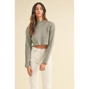 Mable Fenne Sage‎ Ribbed Knit Cropped Long Sleeve Mock Neck Sweater Women's M